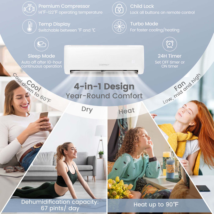 Costway Ductless Mini Split Air Conditioner with Heater and Remote